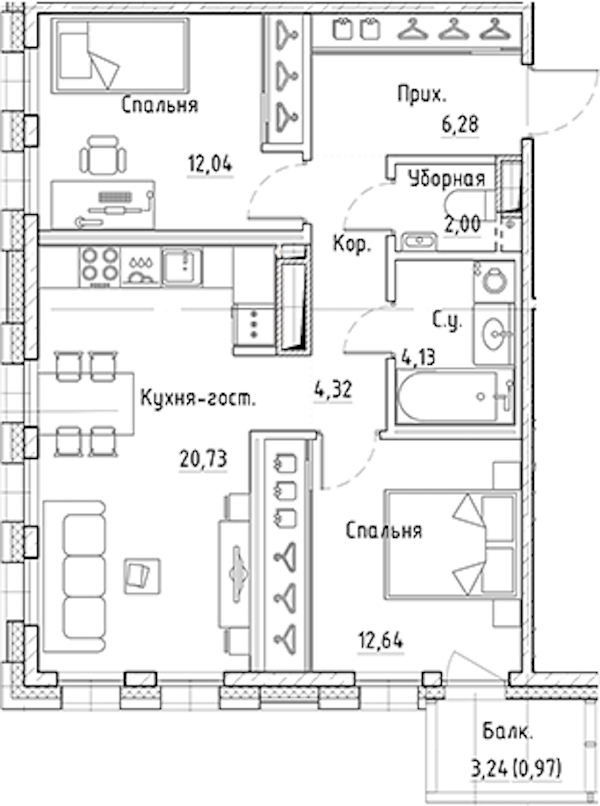 2-комнатная квартира 62.14 м², 3/10 эт., ЖК «LEGENDA Лисичанская 22»